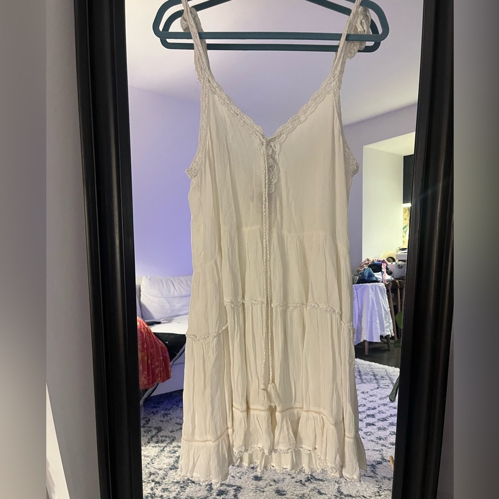 Ivory Bohemian Crepe Dress With Pleats And Silver Strand Details ~ Size M